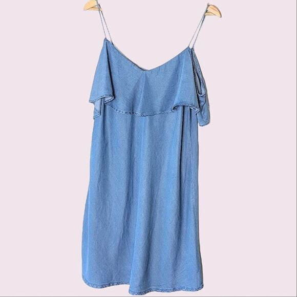 Bershka Spaghetti Strap Cutout Shoulder Blue Denim Mini Beach Dress size L - Picture 1 of 7